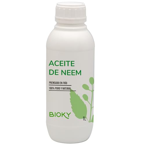 Bioky Aceite de Neem 1 Litro - 100% Puro - Virgen y Natural - Prensado en frío - Múltiples Usos: para Plantas y Hogar - Extracto de Neem Protector Natural contra Insectos y Plagas - Máx Concentración