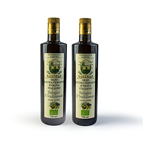 Aceite de oliva virgen extra orgánico italiano, Ogliarola Garganica italiana, aceite EVO extraído en frío, 100% aceite de Apulia, afrutado medio, paquete de 2 botellas de 750ml