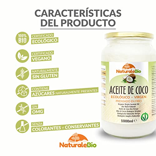 Aceite de Coco Ecológico Virgen 1000 ml. Crudo y prensado en frío. Orgánico y Natural. Aceite Bio nativo no refinado. País de origen Sri Lanka. NaturaleBio