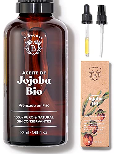 Bionoble Aceite de Jojoba Orgánico 50ml 100% Puro, Natural y Prensado en Frío - Rostro, Cuerpo, Cabello, Barba, Uñas - Vegano, Cruelty Free - Jojoba Oil - Botella de Vidrio + Pipeta + Bomba.